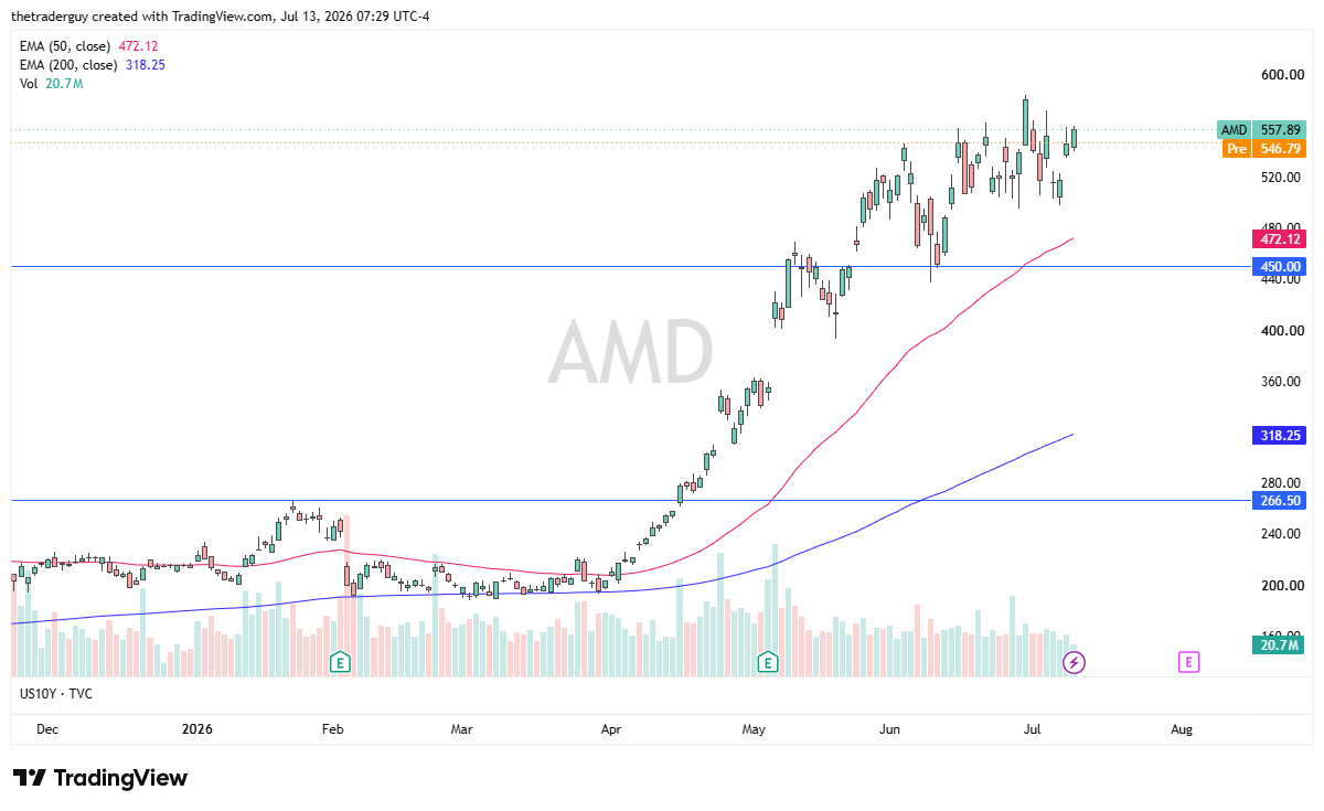 AMD near $557.89, easing after a steep climb, with gap support down toward $520 in a strong longer-term uptrend.