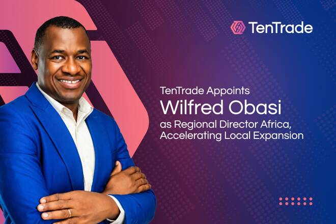 Promotional banner with a smiling man in a blue blazer on the left and text announcing TenTrade's appointment of Wilfred Obasi as Regional Director Africa.