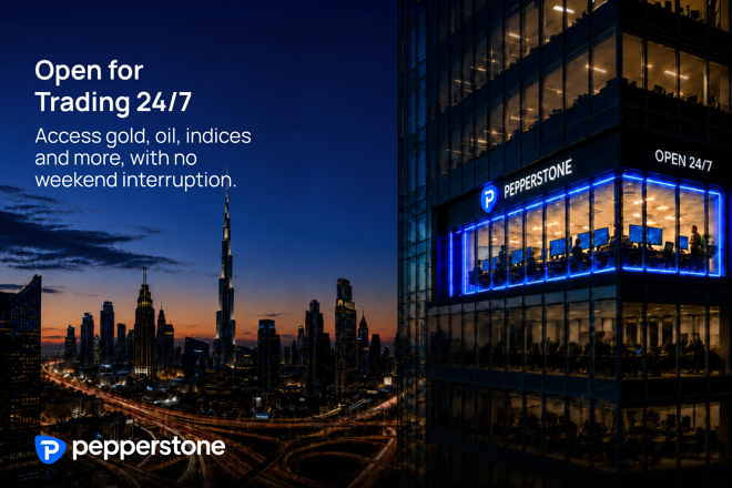 Pepperstone broker logo, the new "Open for Trading 24/7" feature, and building at night.