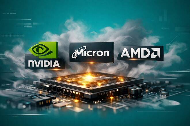 Nvidia, Micron and AMD logos above a chip