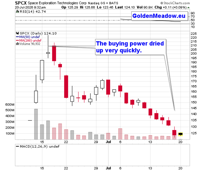 Daily candlestick chart of SpaceX (SPCX) at $124.10, falling sharply from about $210 in mid-June, with volume drying up after the peak.