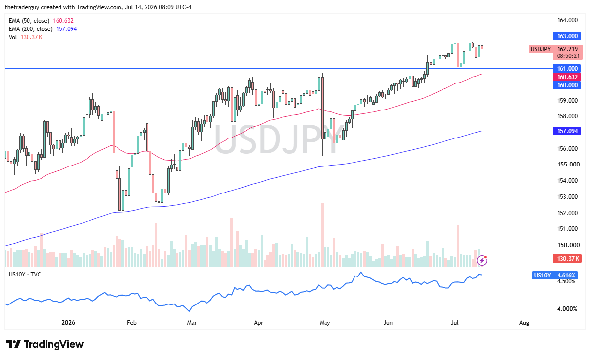 Gráfico diario USD/JPY con el precio cerca de 162,22, moviéndose lateral por debajo de 163 con soporte en 161 y la EMA de 50 días al alza debajo.