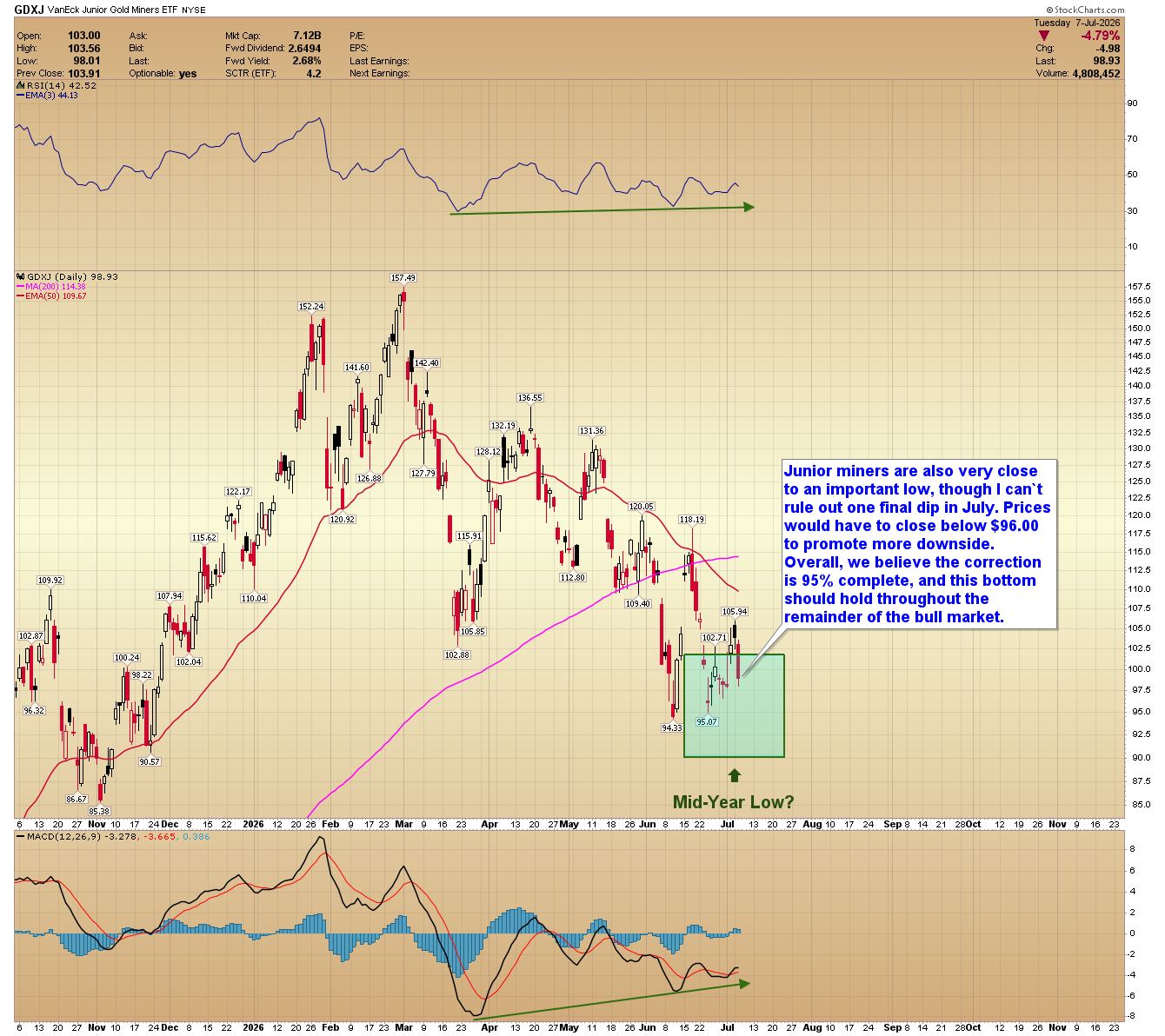 GDXJ remains near a key bottoming area, though a break below $96 could trigger additional downside before the next advance.