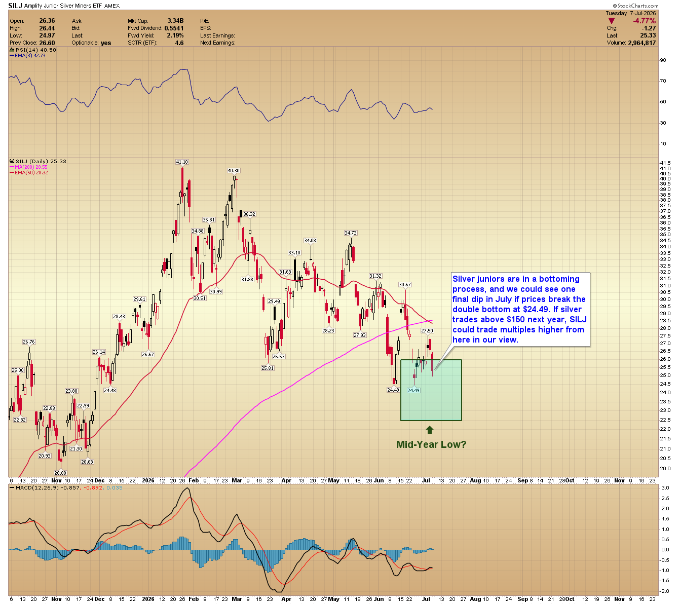 SILJ is forming a potential bottom, with silver juniors positioned for strong upside if silver resumes its bull-market trend.