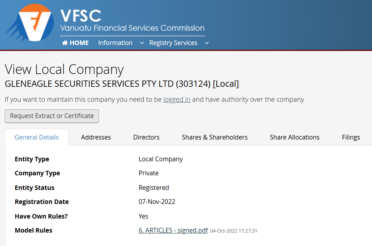 Gleneagle Securities Pty Limited’s licensing info at vfsc.vu