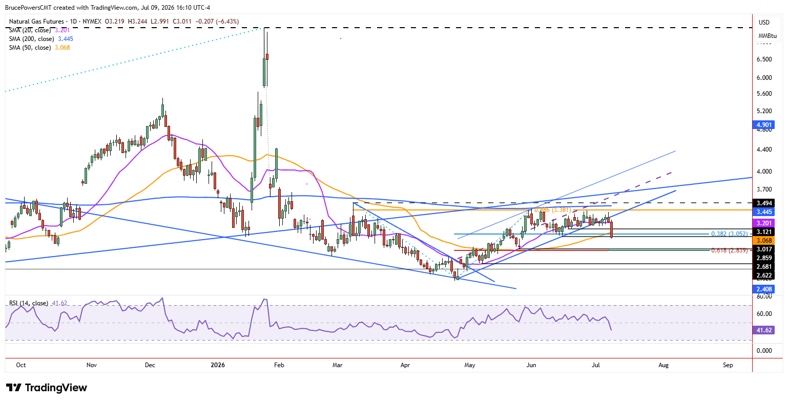 Natural gas futures daily chart breaking below its consolidation range near $3.01, closing down 6.43% below the 20- and 50-day moving averages.