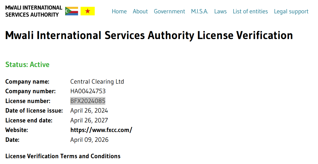 Central Clearing Ltd’s licensing info at mwaliregistrar.com