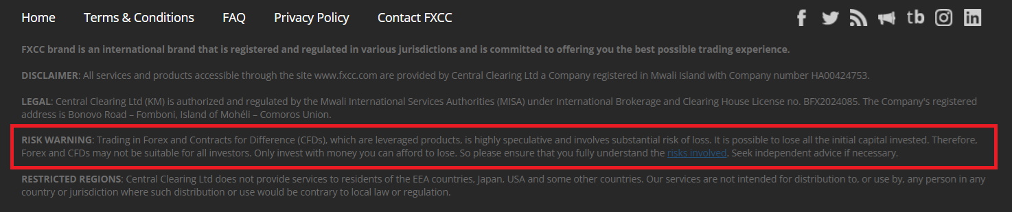 FXCC’s risk notice