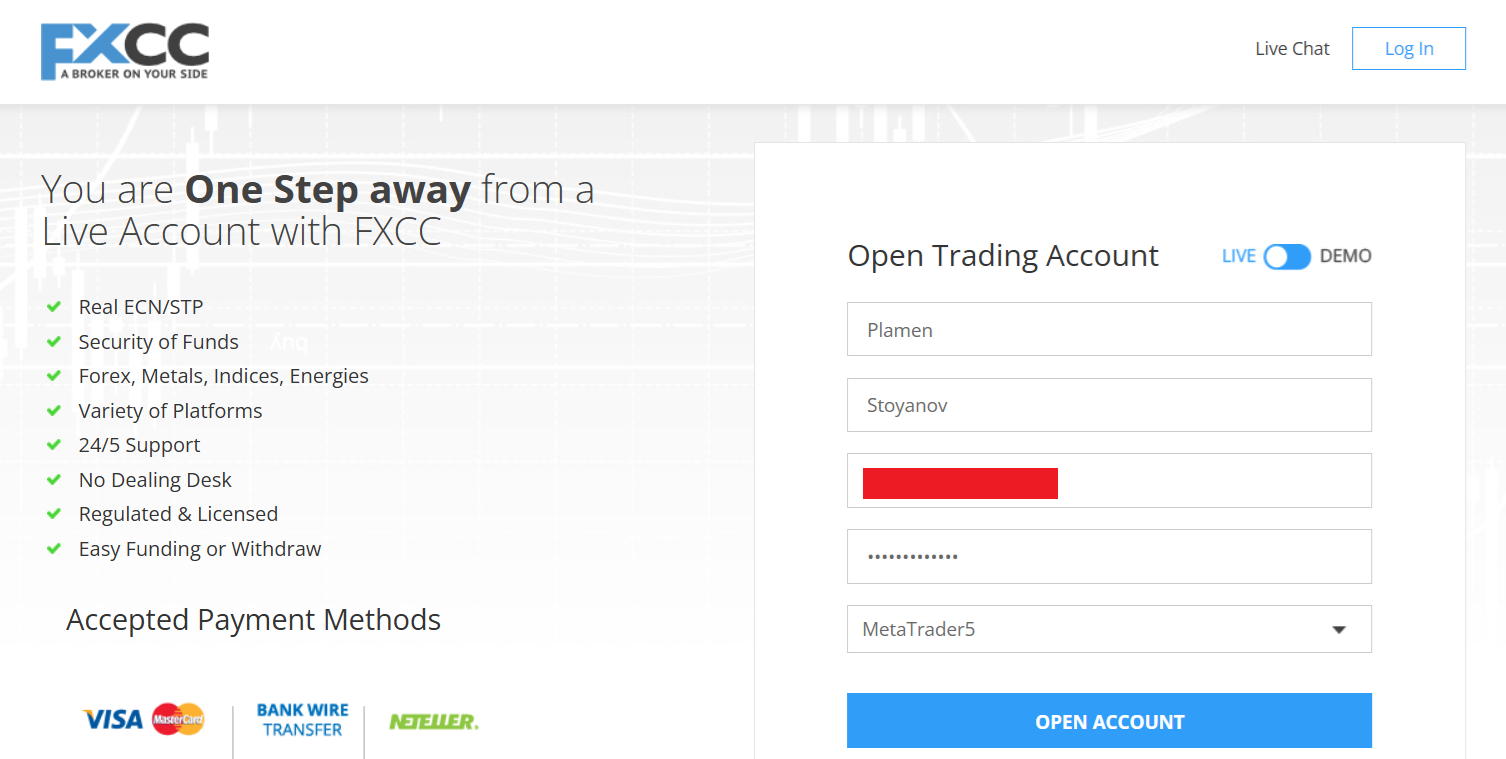FXCC’s account registration form