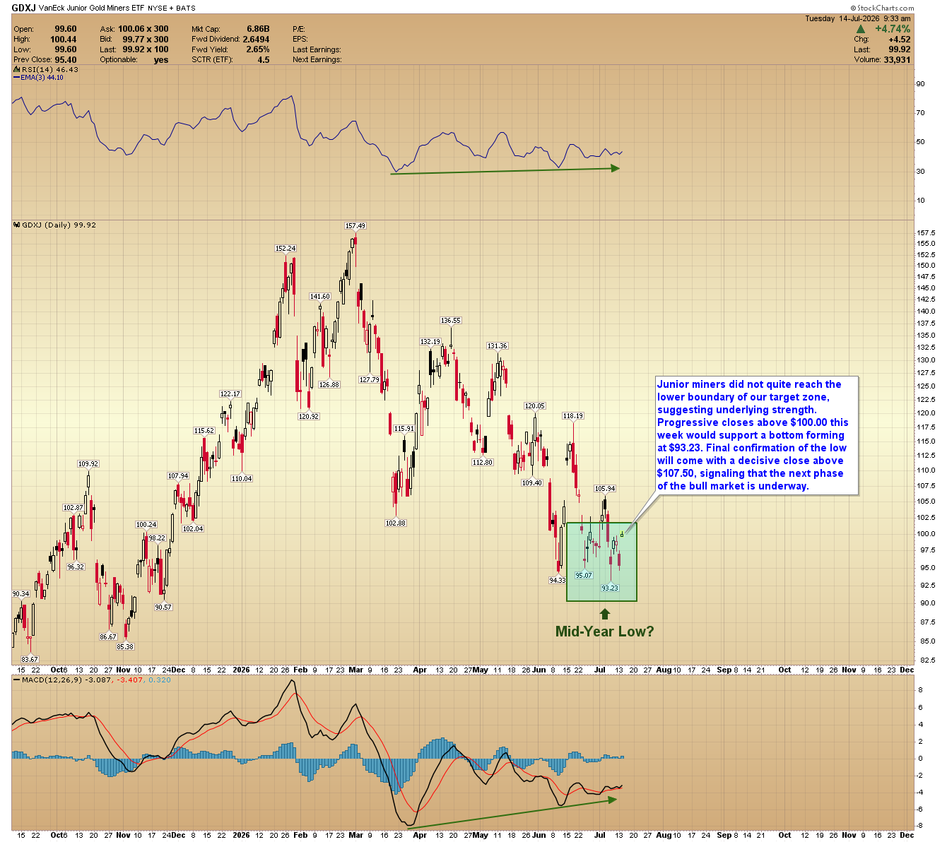 Daily candlestick chart of the GDXJ junior gold miners ETF, bottoming at $93.23 above the lower edge of a shaded target zone, with $100.00 and $107.50 marked overhead.