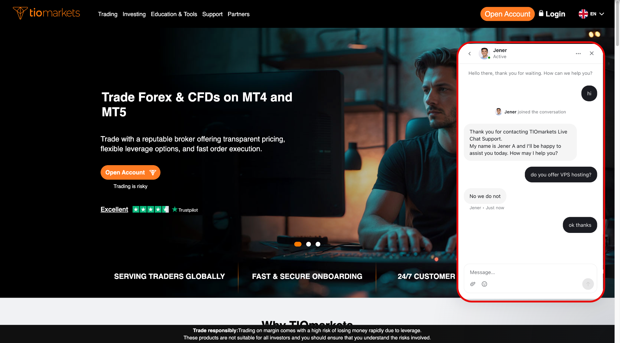 TIOmarkets live chat support