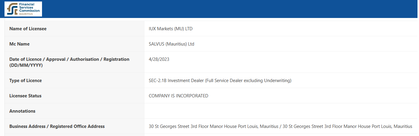 IUX Markets (MU) Ltd’s licensing info at fxcmauritus.org