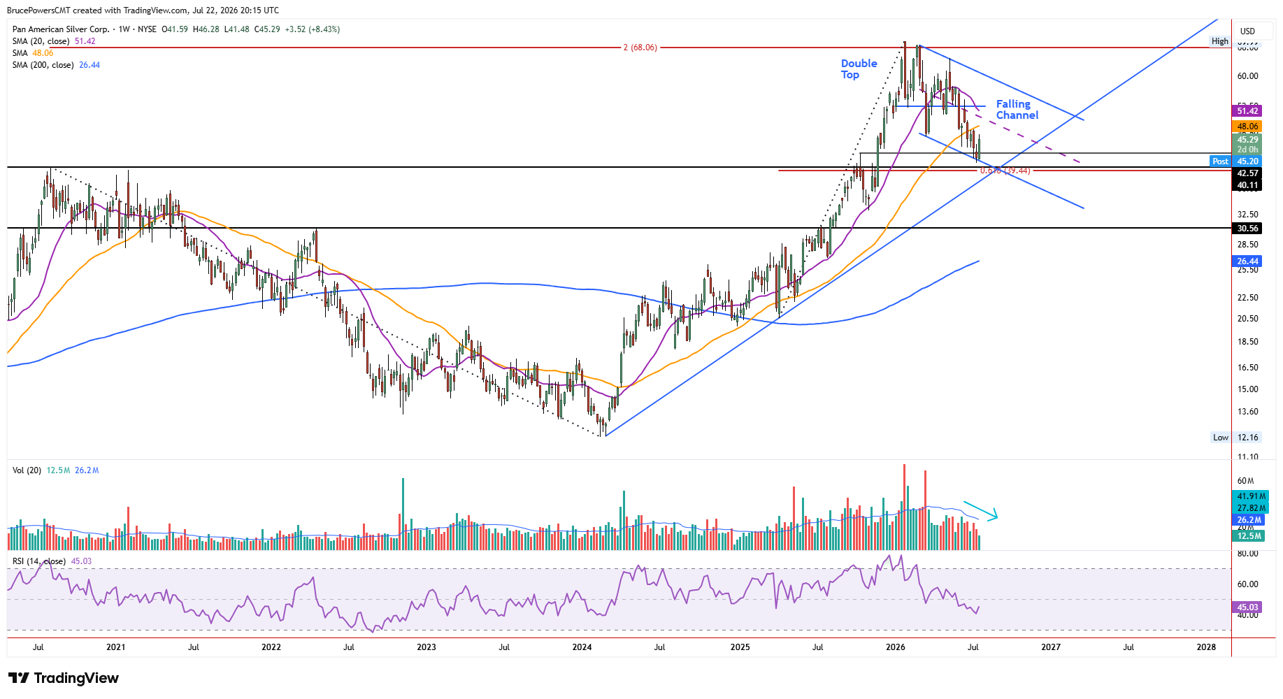Gráfico semanal de velas de Pan American Silver, cotizando cerca de 45 con RSI en 45,03, mostrando un doble techo y un canal descendente.