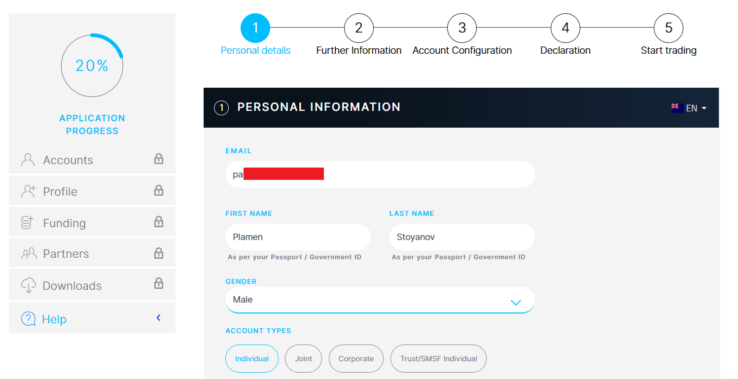 FP Markets’ account registration form