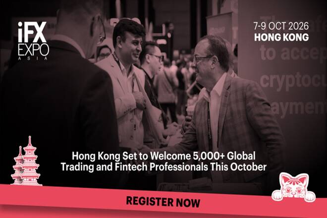 iFX Expo Asia promotional banner for the 7–9 October 2026 event in Hong Kong, showing attendees networking at the expo floor.