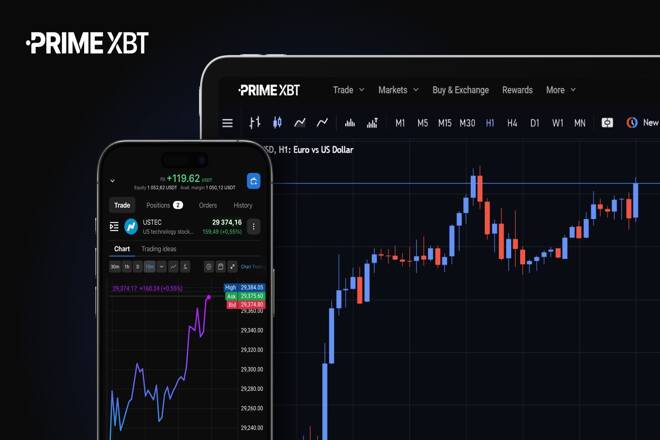 PrimeXBT logo and trading platform on smartphone and tablet