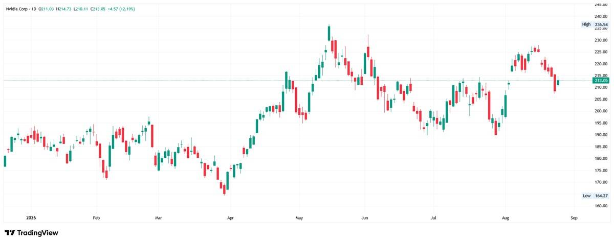 Daily Nvidia chart at $213.05, pulling back from the $225 area within a broader range between $164 and $236.