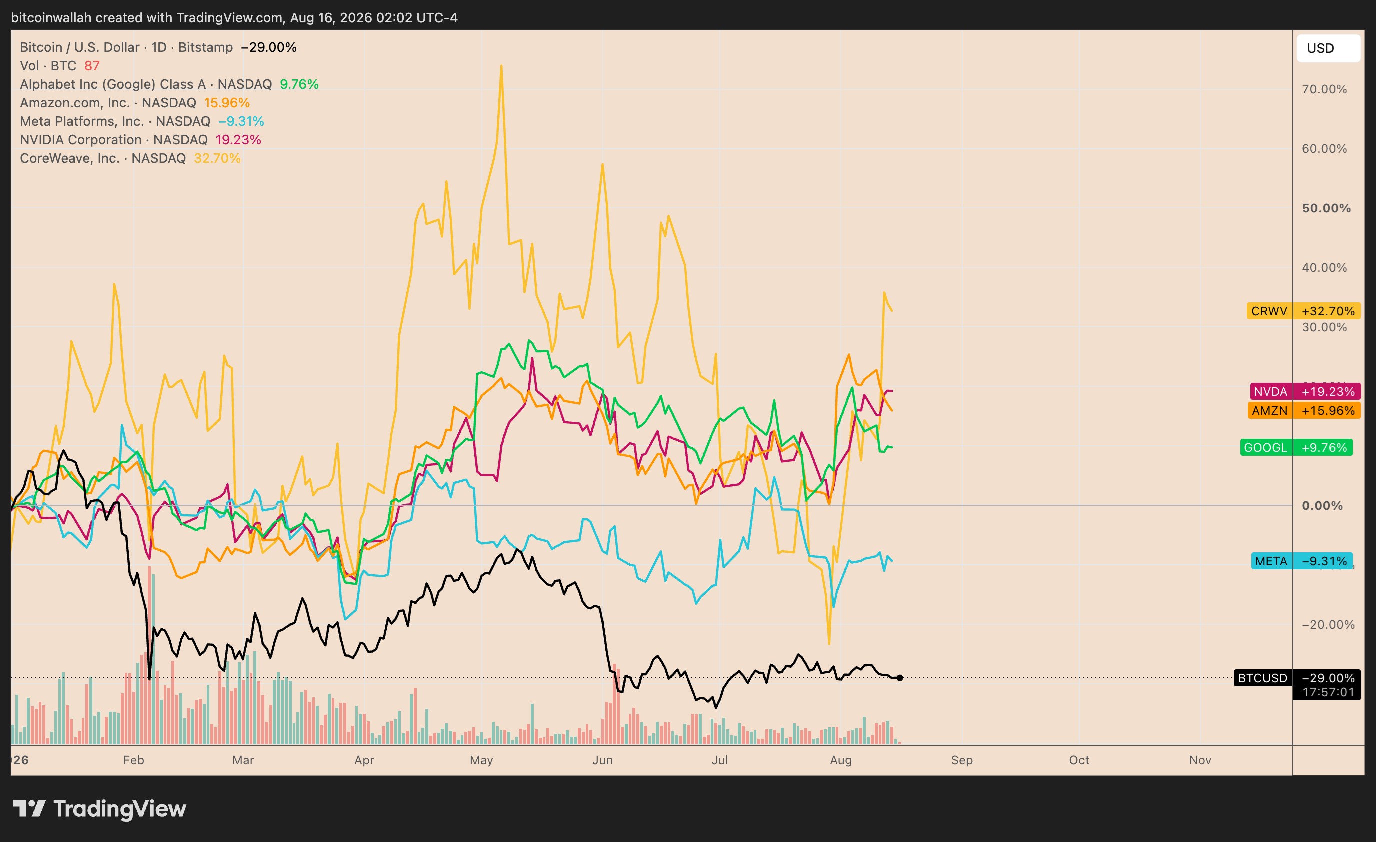 Confronto della performance di Bitcoin da inizio anno con le principali azioni legate all'IA