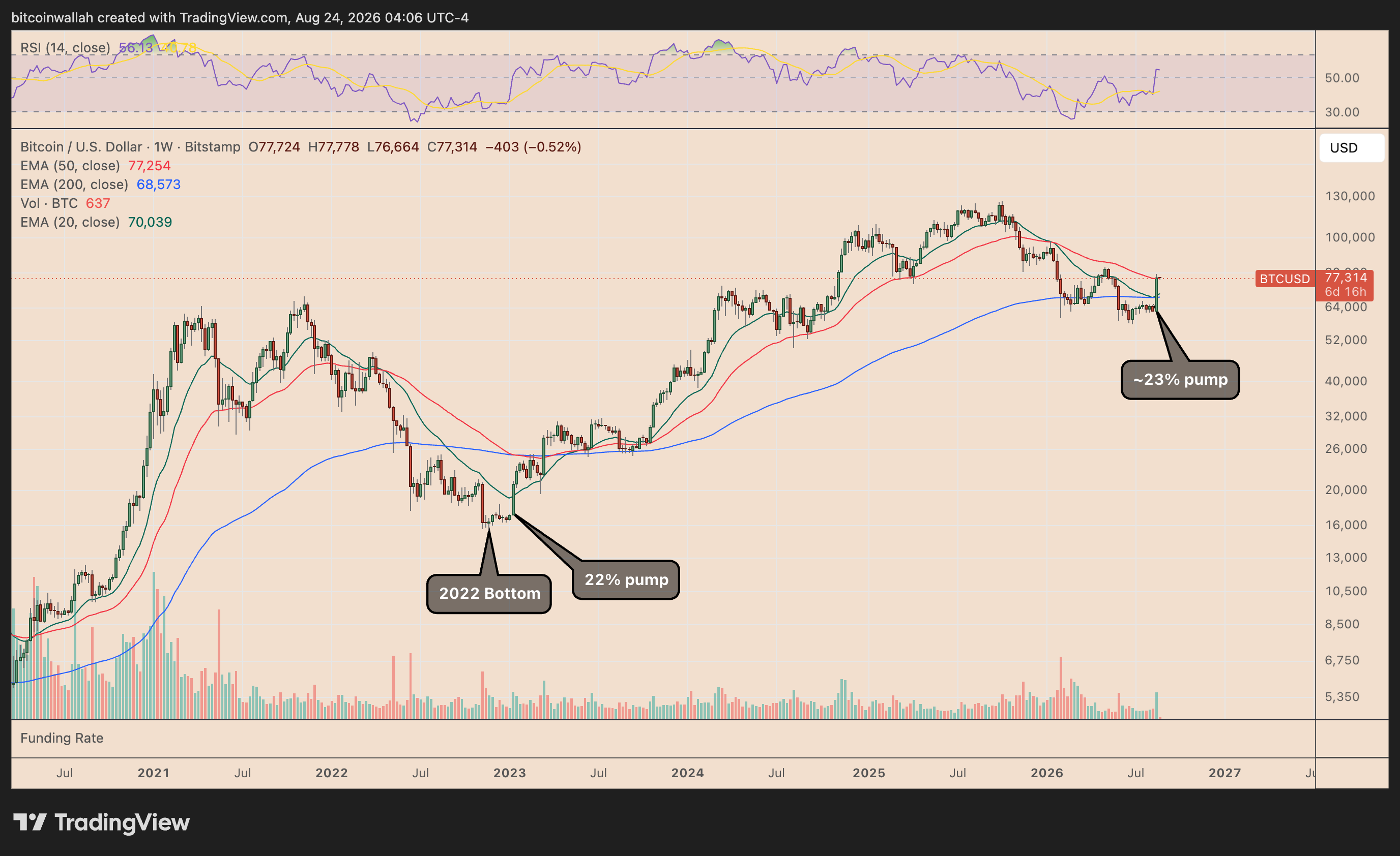 Grafico settimanale di Bitcoin che mostra il pump settimanale dopo il possibile minimo