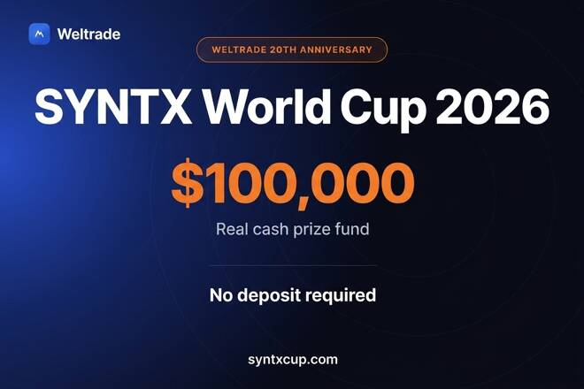 Weltrade SYNTX World Cup 2026 promotional banner advertising a $100,000 prize fund with no deposit required.
