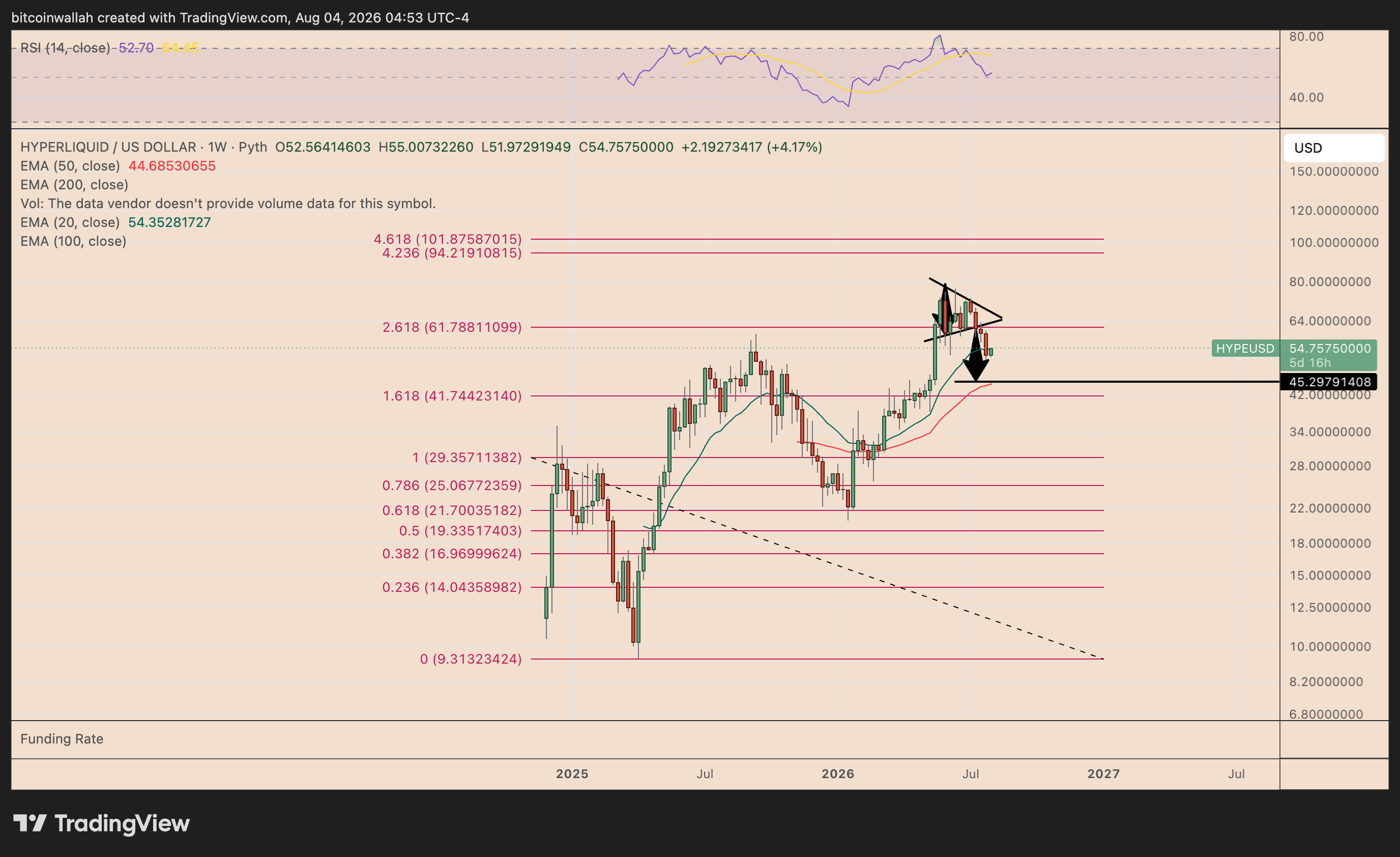 HYPE's weekly price chart featuring the symmetrical triangle breakdown setup