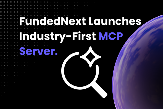 Globe, magniying glass and label "FundedNext Launches Industry-First MCP Server:"