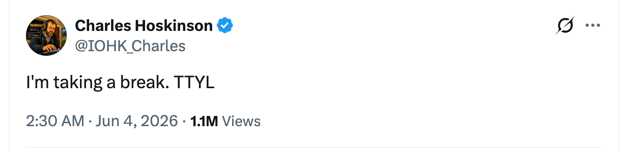 Charles Hoskinson's post about taking a break