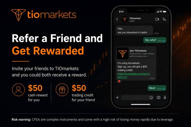 TIOmarkets Refer a Friend promotional banner offering a $50 cash reward for referrers and a $50 trading credit for referred friends, with a smartphone showing a sample referral message.