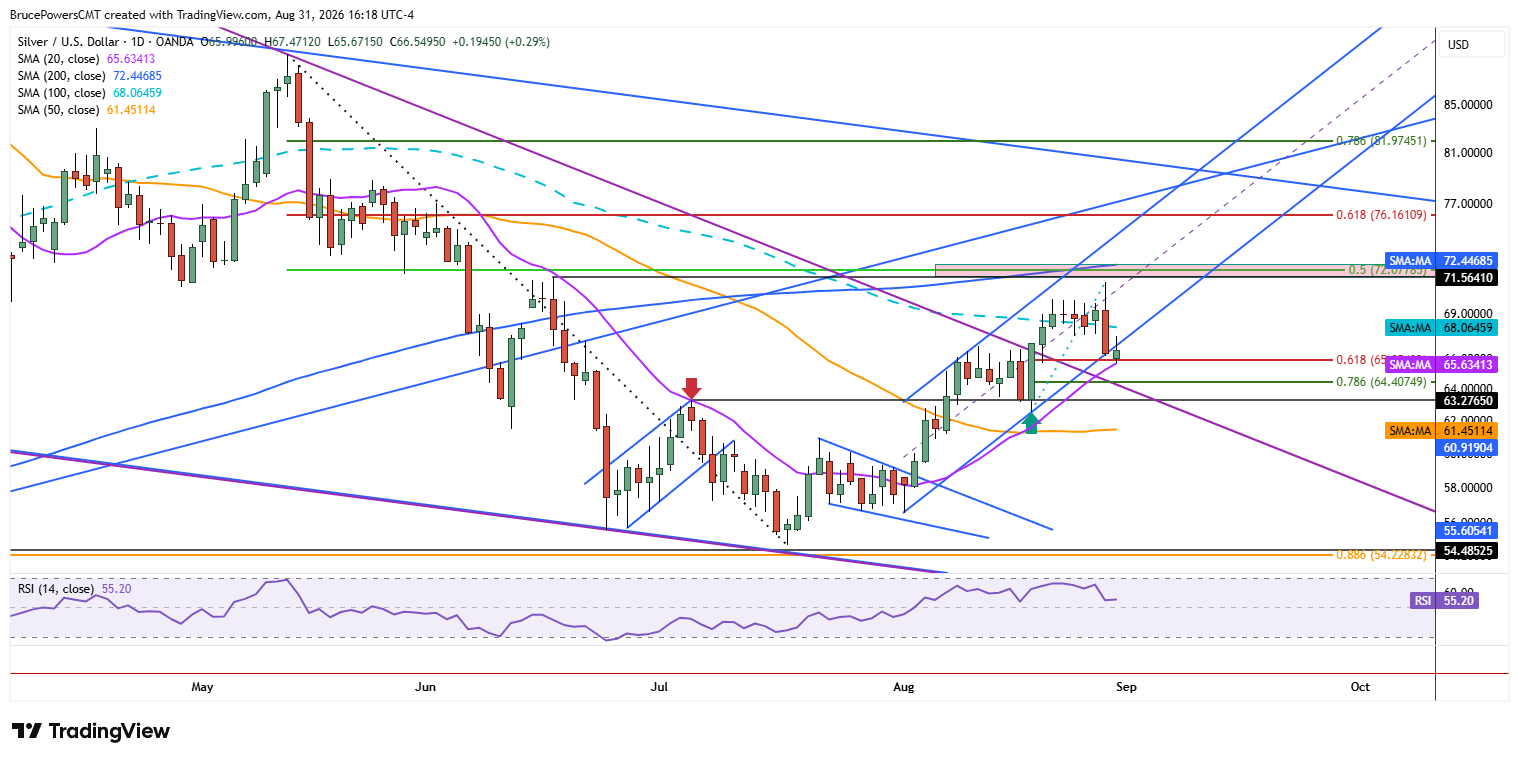 Spot silver daily chart shows pullback to 20-day moving average.