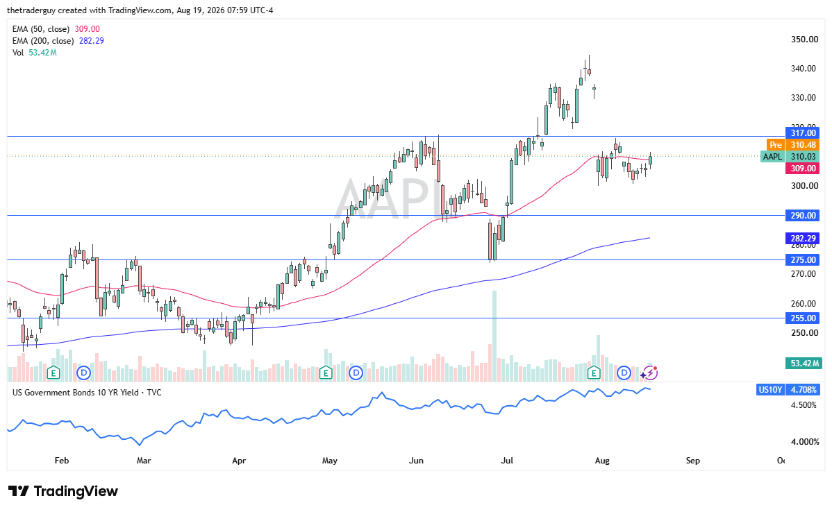 Apple daily chart showing stabilization above $300 and a potential double-bottom pattern.