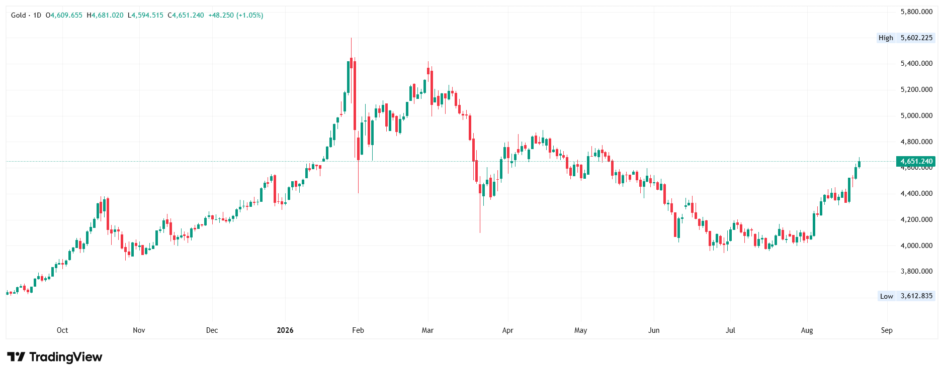 Daily gold chart showing price at $4,651 after rallying from the $3,613 low, with the $5,602 all-time high visible above.