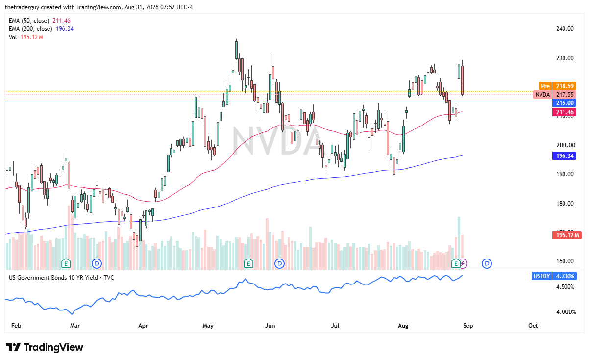 NVDA daily chart at 217.55 holding above the 215.00 support level.