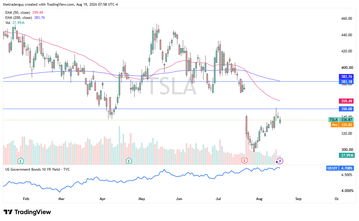 Tesla daily chart showing the recent rebound toward the $350 resistance area and key moving averages.