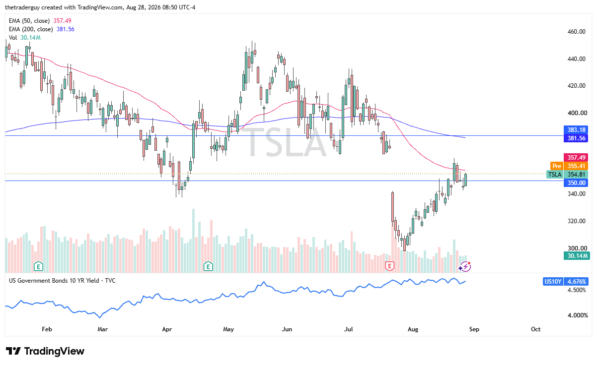Daily Tesla chart at $354.81, sitting just above the $350 support level below both moving averages.