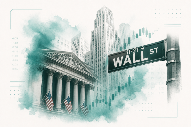 Wall Street buildings and trading charts.