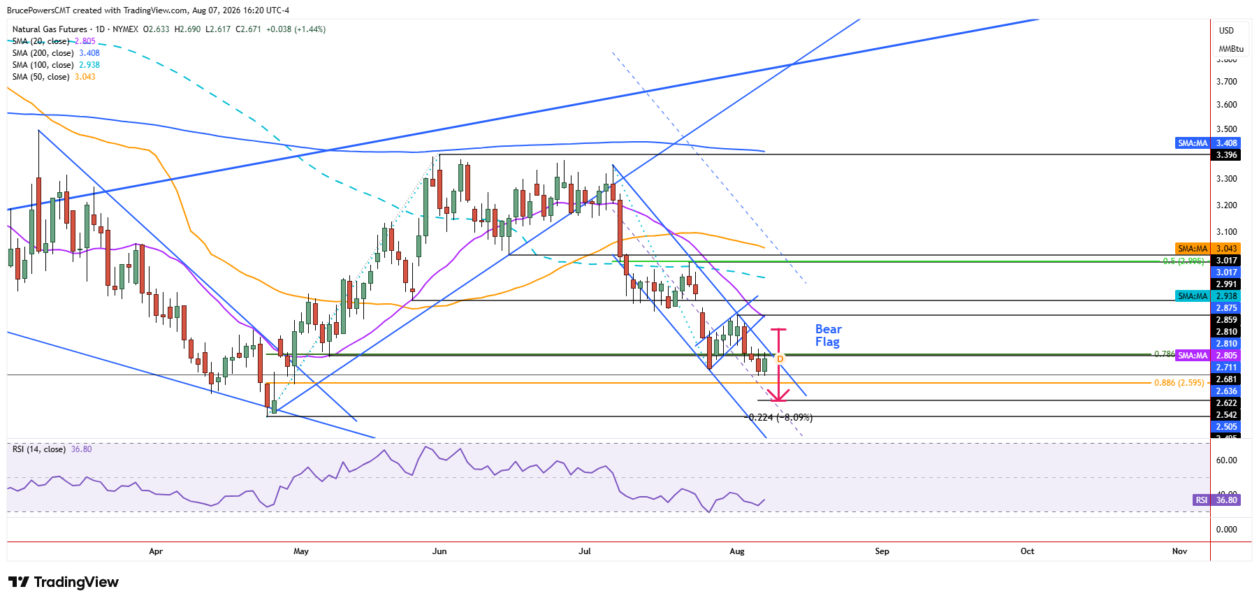 Natural gas futures daily chart shows one-day consolidation below resistance.