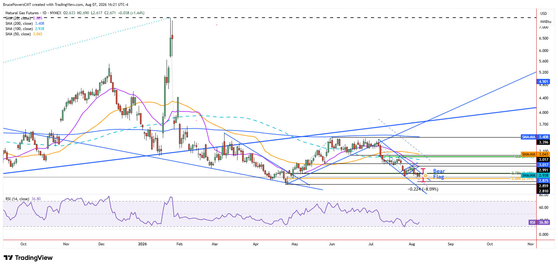 Natural gas futures daily chart shows larger trend structure.