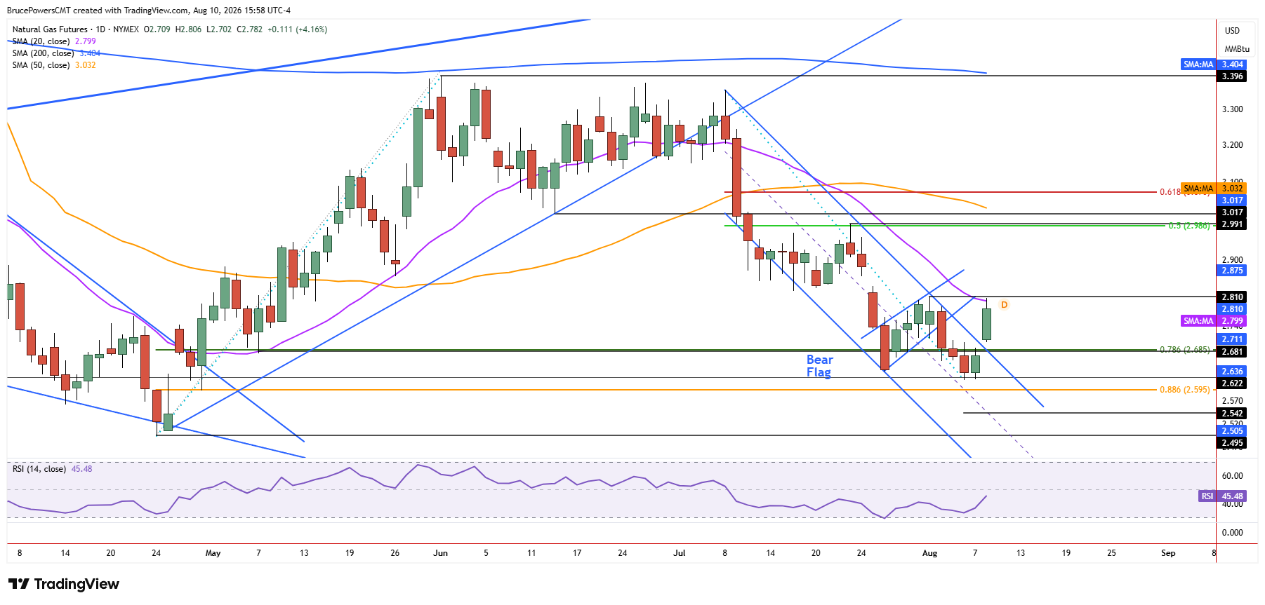 Natural gas futures daily chart shows strong intraday rally and test of key resistance zone.