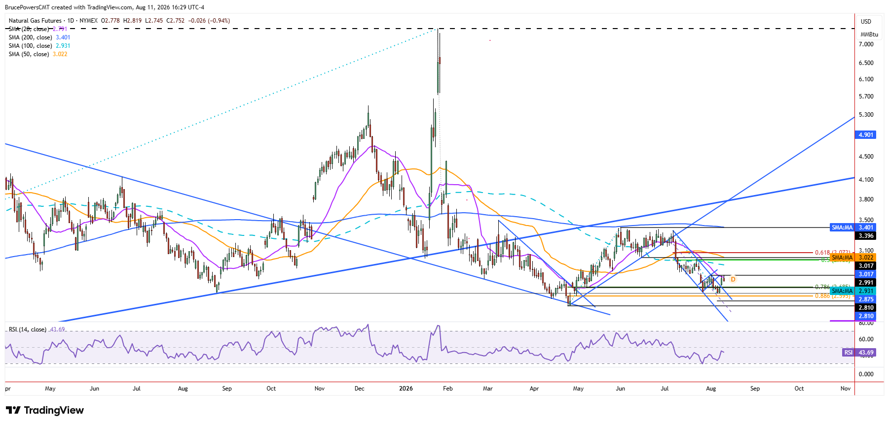 Natural gas futures daily chart shows larger trend.