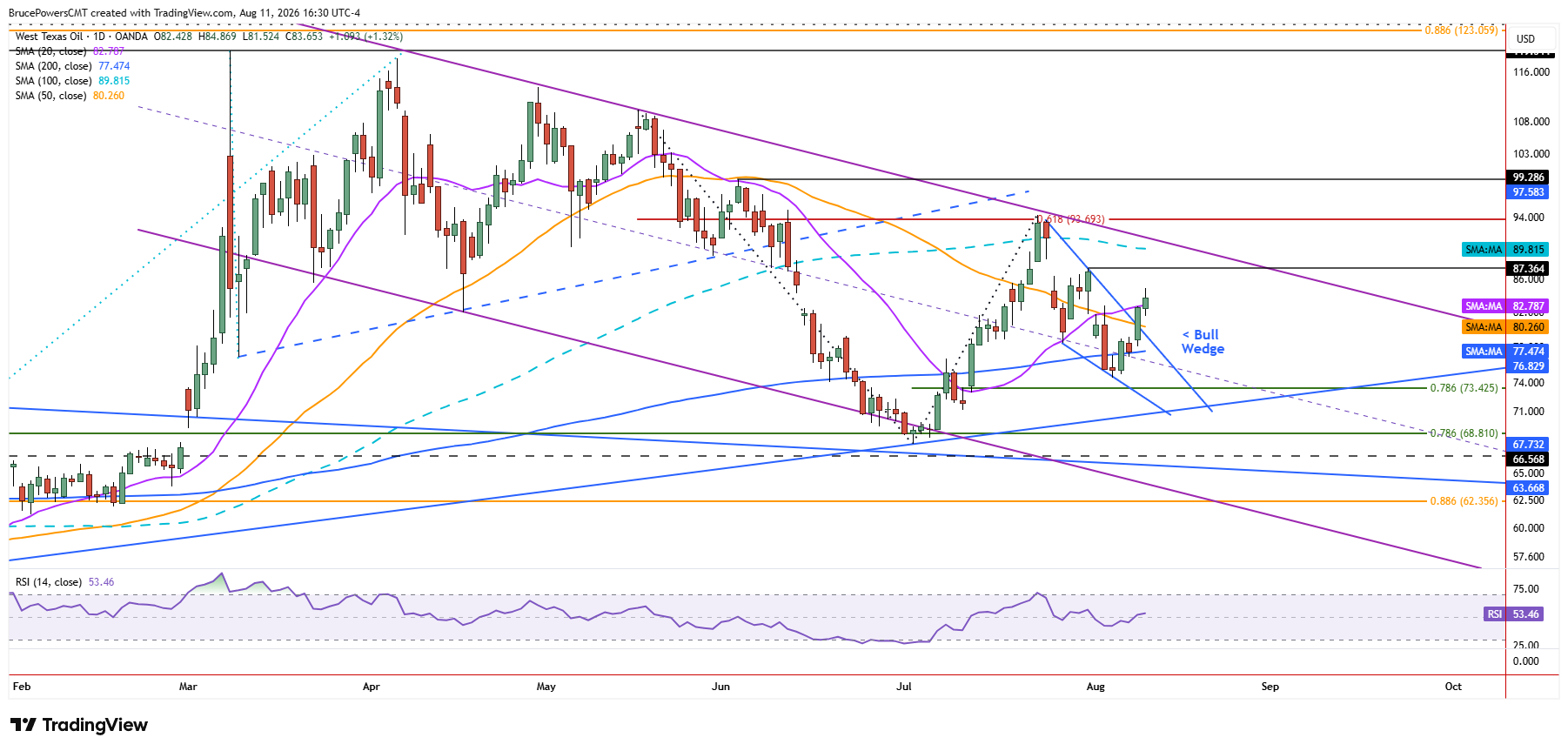 WTI spot crude oil daily chart shows extension of advance above 20-day moving average.