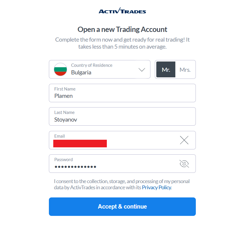 ActivTrades’ account registration form