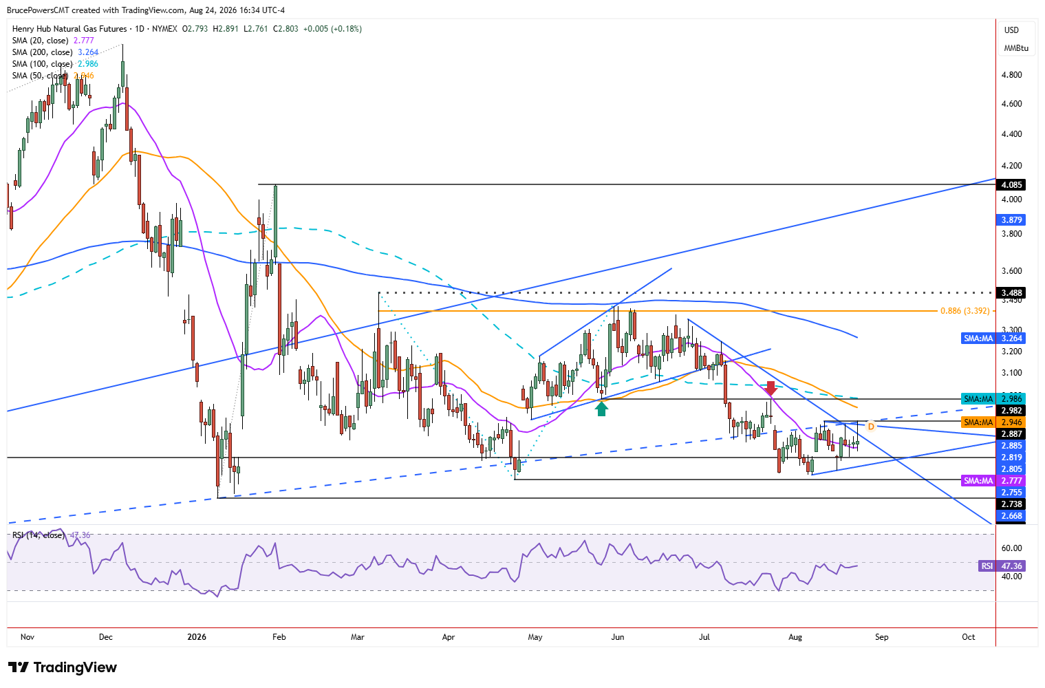 Natural gas futures daily chart shows larger trend structure.