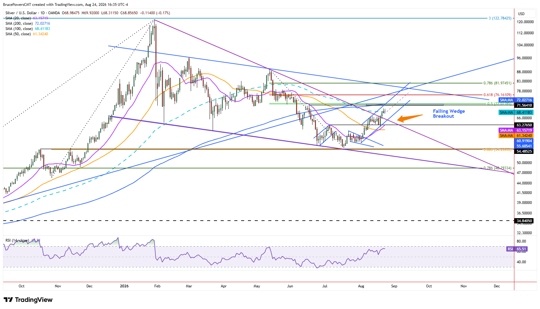 Spot silver daily chart shows larger structure and breakout of falling wedge pattern. 