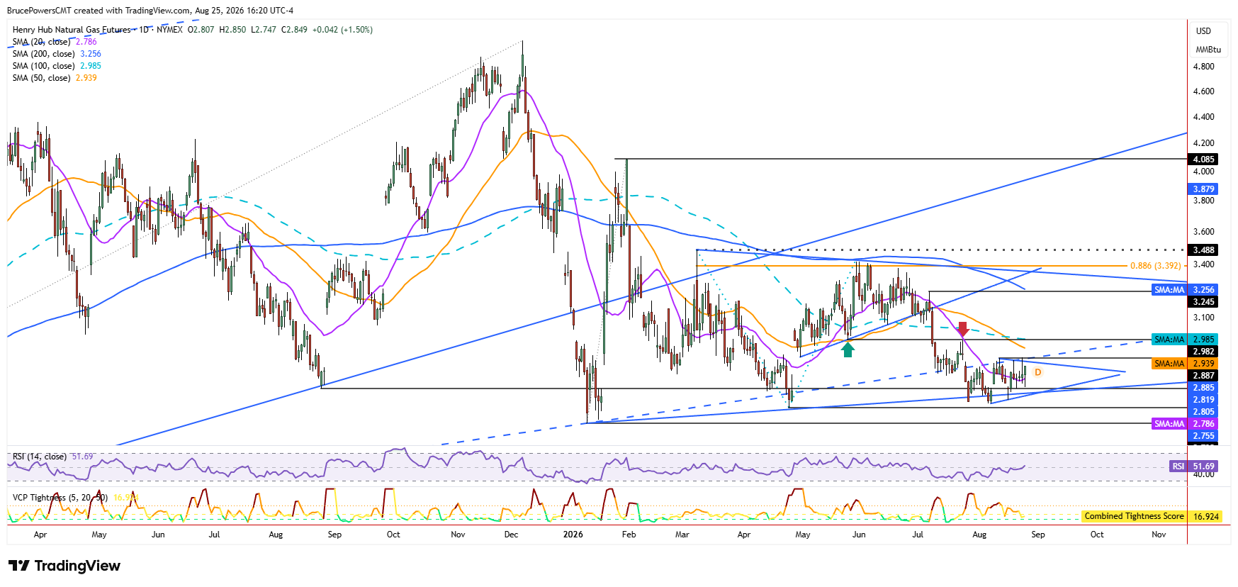 Natural gas futures daily chart shows larger trend structure.