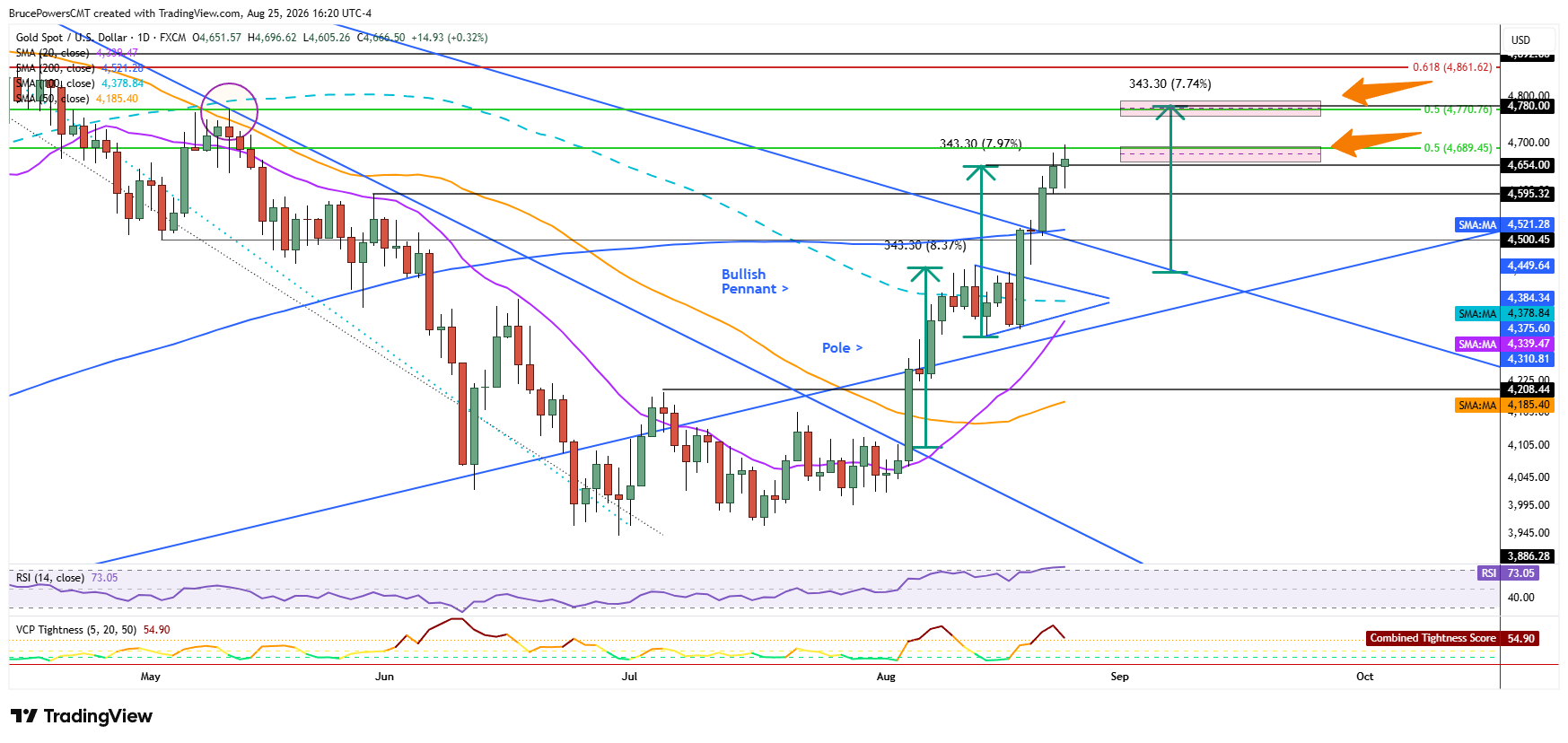 Spot gold daily chart shows new high at 50% retracement.