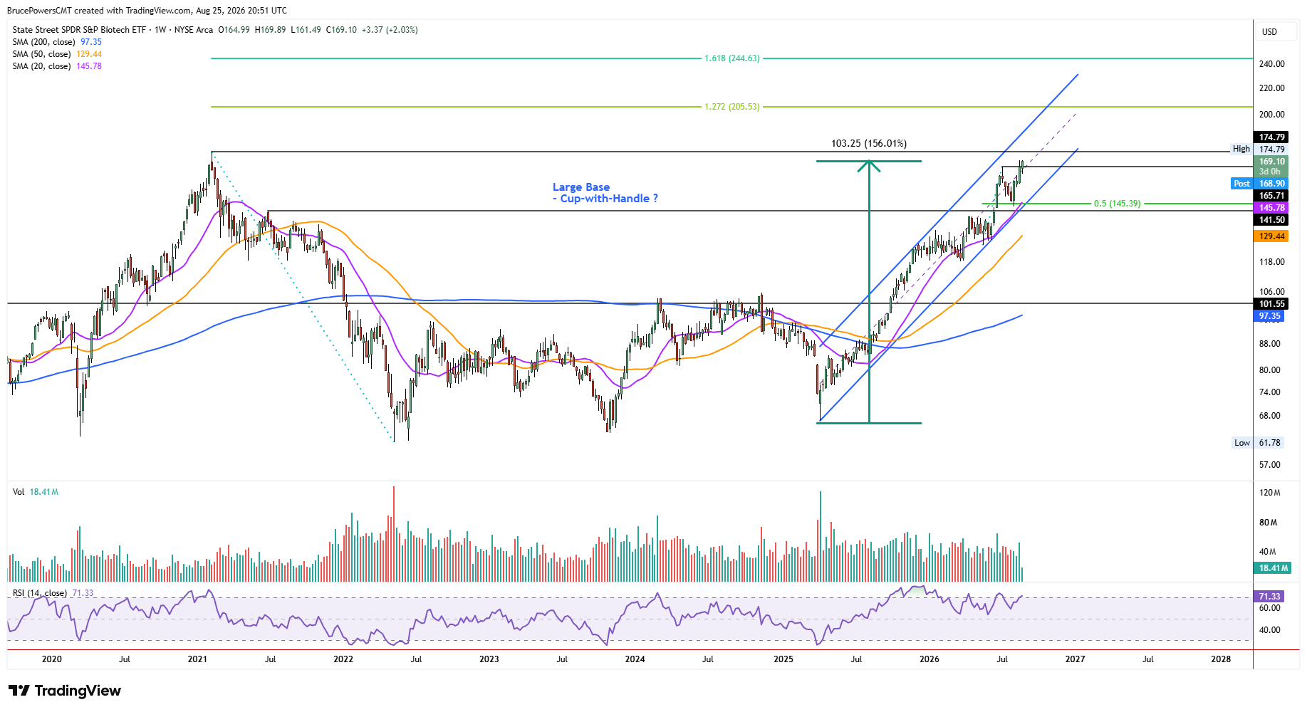 XBI ETF weekly chart shows long-term basing pattern forming.