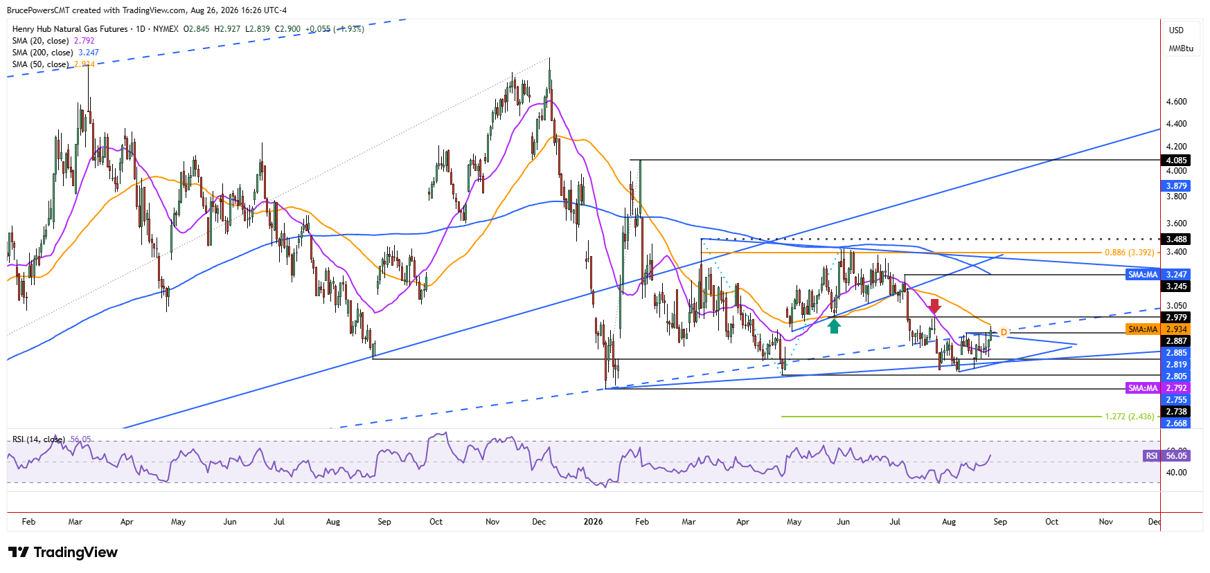Natural gas futures daily chart shows larger trend structure.