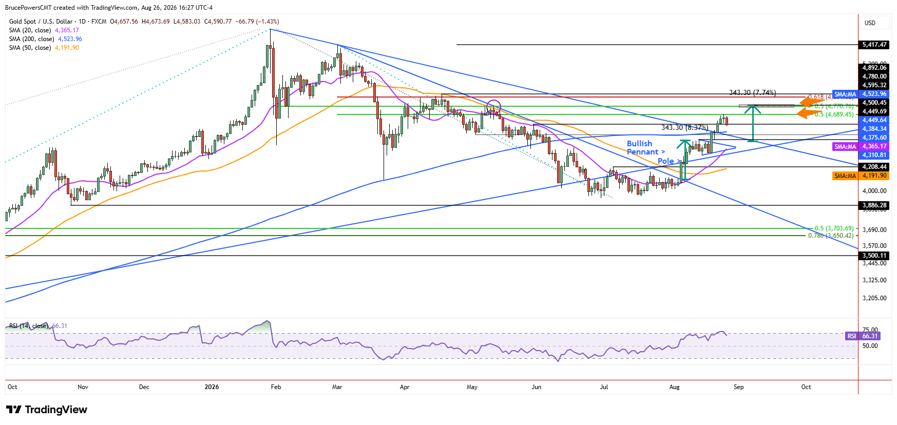 Spot gold daily chart shows larger trend structure.