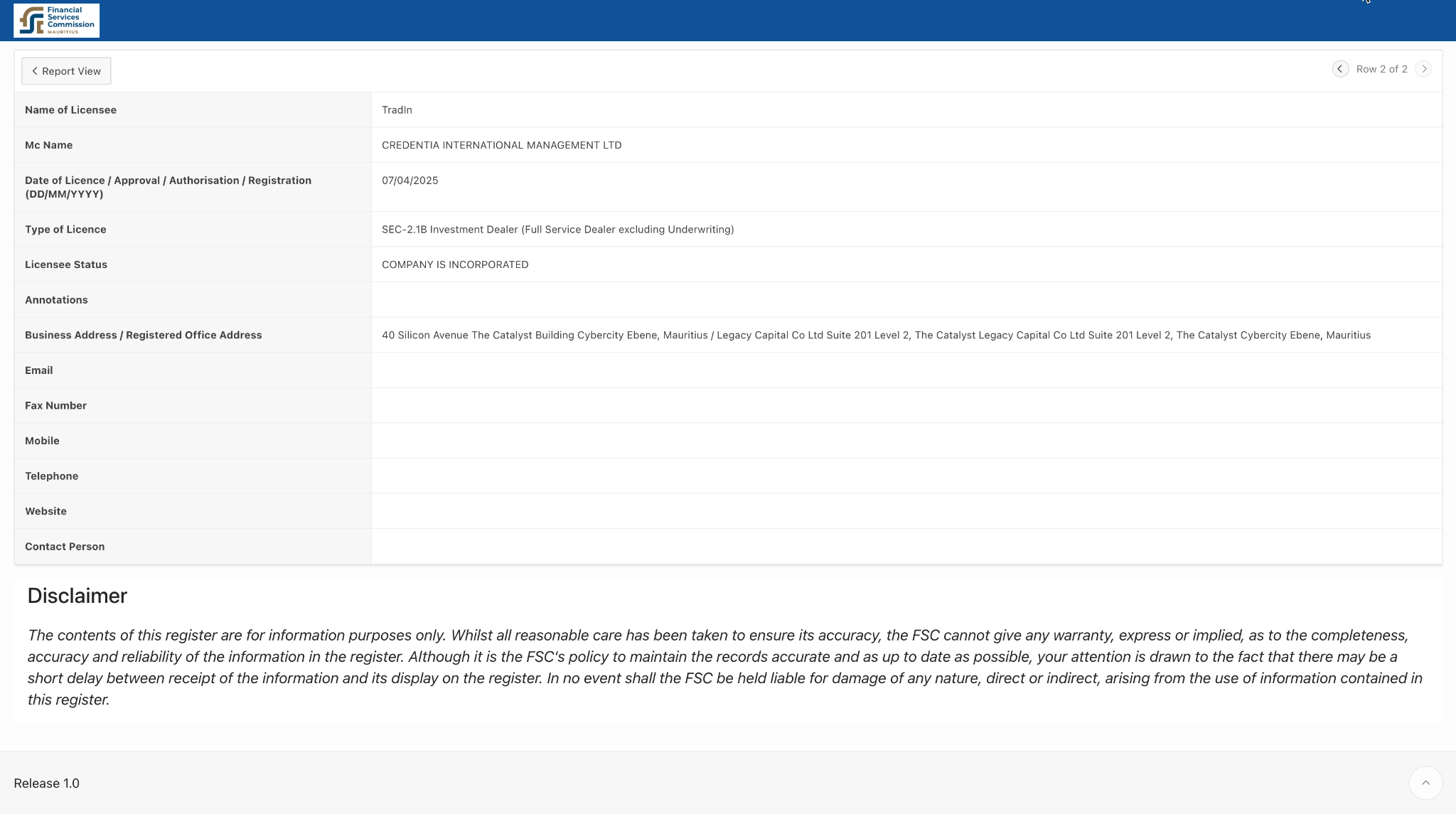 Tradin on the Mauritius FSC register