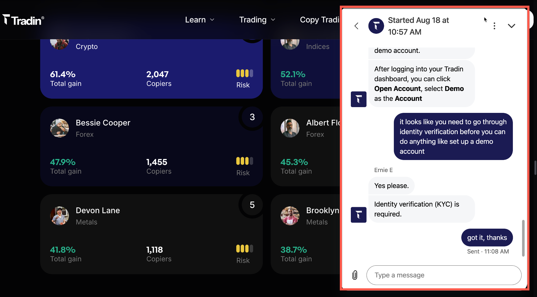 Tradin chat support